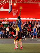 18 May 2019;  Michael Bonaparte of DCU Saints in action against Ian Lynch and Calum Sourke of IT Carlow Basketball during the second annual Hula Hoops 3x3 Basketball Championships at Bray Seafront in Co.Wicklow. Photo by Ray McManus/Sportsfile