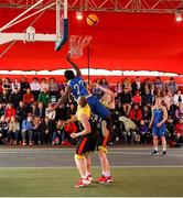 18 May 2019;  Michael Bonaparte of DCU Saints in action against Ian Lynch and Calum Sourke of IT Carlow Basketball during the second annual Hula Hoops 3x3 Basketball Championships at Bray Seafront in Co.Wicklow. Photo by Ray McManus/Sportsfile