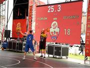 18 May 2019; Ian Lynch of IT Carlow Basketball in action against Shane Davidson of DCU Saints during the second annual Hula Hoops 3x3 Basketball Championships at Bray Seafront in Co.Wicklow. Photo by Ray McManus/Sportsfile