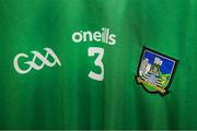 19 May 2019; A detailed view of the Limerick full-back jersey, set to be worn today by Mike Casey, as it hangs in the Limerick dressing room prior to the Munster GAA Hurling Senior Championship Round 2 match between Limerick and Cork at the LIT Gaelic Grounds in Limerick. Photo by Diarmuid Greene/Sportsfile