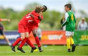 19 May 2019; Devon Gibson of Cork celebrates with Denzell Ogbene, right, after scoring his side's first goal of the game during the Under 12 SFAI Subway Championship Final match between Donegal and Cork at Mullingar Athletic in Gainstown, Westmeath. Photo by Ramsey Cardy/Sportsfile