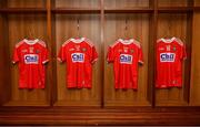 19 May 2019; A general view of forwards' jerseys hanging in the Cork dressing room prior to the Munster GAA Hurling Senior Championship Round 2 match between Limerick and Cork at the LIT Gaelic Grounds in Limerick. Photo by Diarmuid Greene/Sportsfile