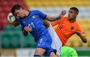 19 May 2019; Nicolò Cudrig of Italy in action against Devyne Rensch of Netherlands during the 2019 UEFA U17 European Championship Final match between Netherlands and Italy at Tallaght Stadium in Dublin, Ireland. Photo by Brendan Moran/Sportsfile