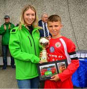 19 May 2019; Matthew Moore of Cork receives the Man of the match award from Kirby Axon, Marketing Executive, Subway, following the Under 12 SFAI Subway Championship Final match between Donegal and Cork at Mullingar Athletic in Gainstown, Westmeath. Photo by Ramsey Cardy/Sportsfile