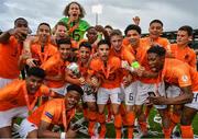 19 May 2019; The Netherlands team celebrate with the trophy after the 2019 UEFA U17 European Championship Final match between Netherlands and Italy at Tallaght Stadium in Dublin, Ireland. Photo by Brendan Moran/Sportsfile