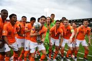 19 May 2019; The Netherlands team, including Mohamed Taabouni, centre, celebrate with the trophy after the 2019 UEFA U17 European Championship Final match between Netherlands and Italy at Tallaght Stadium in Dublin, Ireland. Photo by Brendan Moran/Sportsfile