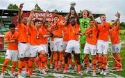 19 May 2019; The Netherlands team celebrate with the trophy after the 2019 UEFA U17 European Championship Final match between Netherlands and Italy at Tallaght Stadium in Dublin, Ireland. Photo by Brendan Moran/Sportsfile