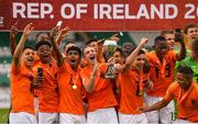 19 May 2019; Netherlands captain Kenneth Taylor and his team-mates celebrate with the trophy after the 2019 UEFA U17 European Championship Final match between Netherlands and Italy at Tallaght Stadium in Dublin, Ireland. Photo by Brendan Moran/Sportsfile