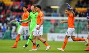 19 May 2019; Netherlands players, from left, Tein Troost, Ki-Jana Hoever and Anass Salah Eddine celebrate at the final whistle after the 2019 UEFA U17 European Championship Final match between Netherlands and Italy at Tallaght Stadium in Dublin, Ireland. Photo by Brendan Moran/Sportsfile
