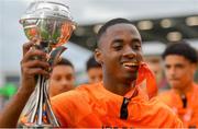19 May 2019; Melayro Bogarde of Netherlands celebrates with the trophy after the 2019 UEFA U17 European Championship Final match between Netherlands and Italy at Tallaght Stadium in Dublin, Ireland. Photo by Brendan Moran/Sportsfile