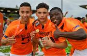 19 May 2019; Netherlands players, from left, Anass Salah Eddine, Mohamed Taabouni and Brian Brobbey celebrate after the 2019 UEFA U17 European Championship Final match between Netherlands and Italy at Tallaght Stadium in Dublin, Ireland. Photo by Brendan Moran/Sportsfile
