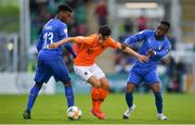 19 May 2019; Mohamed Taabouni of Netherlands in action against Iyenoma Destiny Udogie and Franco Tongya of Italy during the 2019 UEFA U17 European Championship Final match between Netherlands and Italy at Tallaght Stadium in Dublin, Ireland. Photo by Brendan Moran/Sportsfile