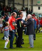 19 May 2019; Cork manager John Meyler is congratulated by former Cork county board secretary Frank Murphy after the Munster GAA Hurling Senior Championship Round 2 match between Limerick and Cork at the LIT Gaelic Grounds in Limerick. Photo by Diarmuid Greene/Sportsfile