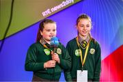 20 May 2019; Cathleen Moorehouse, left and Reneé McCabe, St. Josephs National School, Arklow, Co. Wicklow pictured on the RTÉ stand at the JEP National Showcase Day which took place in RDS Simmonscourt, Ballsbridge, Dublin. Photo by Ray McManus/Sportsfile