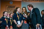 20 May 2019; Marty Morrissey interviews Scoil Bheinín Naofa Cailiní, Dunleek, Meath after they won the Creative Pioneers Award at the JEP National Showcase Day which took place in RDS Simmonscourt, Ballsbridge, Dublin. Photo by Ray McManus/Sportsfile