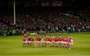 19 May 2019; The Cork squad stand together during the playing of the national anthem prior to the Munster GAA Hurling Senior Championship Round 2 match between Limerick and Cork at the LIT Gaelic Grounds in Limerick. Photo by Diarmuid Greene/Sportsfile