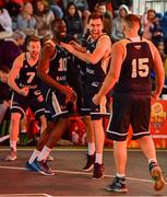 18 May 2019; Ulster University Elks Basketball players Shane O’Connor, Daniel Stewart, 10, Conall Mullan, and Tomas Banys, right, celebrate after the Mens Final between Ulster University Elks Basketball and Templeogue Basketball Club at the second annual Hula Hoops 3x3 Basketball Championships at Bray Seafront in Co.Wicklow. Photo by Ray McManus/Sportsfile