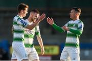 20 May 2019; Dylan Watts of Shamrock Rovers celebrates Jack Byrne and Trevor Clarke after scoring his sides second goal during the SSE Airtricity League Premier Division match between Finn Harps v Shamrock Rovers at Finn Park in Ballybofey, Co.Donegal. Photo by Oliver McVeigh/Sportsfile