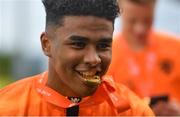 19 May 2019; Ian Maatsen of Netherlands celebrates with his medal after the 2019 UEFA U17 European Championship Final match between Netherlands and Italy at Tallaght Stadium in Dublin, Ireland. Photo by Brendan Moran/Sportsfile