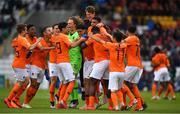 19 May 2019; The Netherlands team celebrate after the 2019 UEFA U17 European Championship Final match between Netherlands and Italy at Tallaght Stadium in Dublin, Ireland. Photo by Brendan Moran/Sportsfile