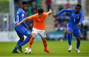 19 May 2019; Mohamed Taabouni of Netherlands in action against Iyenoma Destiny Udogie and Franco Tongya of Italy during the 2019 UEFA U17 European Championship Final match between Netherlands and Italy at Tallaght Stadium in Dublin, Ireland. Photo by Brendan Moran/Sportsfile