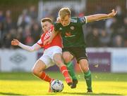 21 May 2019; Greg Sloggett of Derry City in action against Darragh Markey of St Patrick's Athletic during the SSE Airtricity League Premier Division match between St Patrick’s Athletic and Derry City at Richmond Park in Dublin. Photo by Ramsey Cardy/Sportsfile