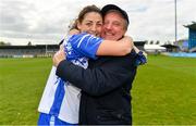 5 May 2019; Former Waterford manager Micheal Ryan celebrates with his daughter Michelle after during the Lidl Ladies National Football League Division 2 Final match between Kerry and Waterford at Parnell Park in Dublin. Photo by Brendan Moran/Sportsfile