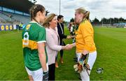 5 May 2019; President of the LGFA Marie Hickey meets Robyn White of Kerry prior to the Lidl Ladies National Football League Division 2 Final match between Kerry and Waterford at Parnell Park in Dublin. Photo by Brendan Moran/Sportsfile