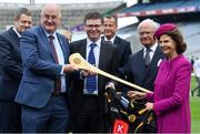 22 May 2019; Queen Silvia and King Carl XVI Gustaf of Sweden are presented with a hurley and a GAA jersey by Uachtaráin Cumann Lúthchleas Gael John Horan, left, and Ard Stiúrthóir of the GAA Tom Ryan during a visit to Croke Park GAA Stadium in Dublin. Photo by Brendan Moran/Sportsfile