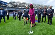 22 May 2019; Queen Silvia makes an attempt to hit a sliothar with a hurley watched by King Carl XVI Gustaf of Sweden, Uachtaráin Cumann Lúthchleas Gael John Horan and Charlie Harrison, GAA National Cúl Camp Co-ordinator, during a visit to Croke Park GAA Stadium in Dublin. Photo by Brendan Moran/Sportsfile