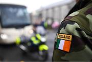 8 May 2019; A detailed view of the flag of Ireland on the uniform of a member of the Irish Defence Forces prior to the match between Irish Defence Forces and United Kingdom Armed Forces at Richmond Park in Dublin. Photo by Stephen McCarthy/Sportsfile