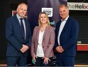 23 May 2019; Mary O'Connor, CEO of the Federation of Irish Sport, with former Ireland rugby international's Trevor Ringland and Hugo MacNeill pictured at the Federation of Irish Sport Annual Conference 2019, The Helix, Dublin City University, Dublin. Photo by Matt Browne/Sportsfile