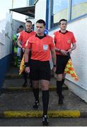 20 May 2019; Referee Robert Hennessy leads the teams out before the SSE Airtricity League Premier Division match between Finn Harps v Shamrock Rovers at Finn Park in Ballybofey, Co Donegal. Photo by Oliver McVeigh/Sportsfile