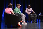 23 May 2019; Westmeath footballer Boidu Sayeh with presenter Grainne McElwain and Oisin Feery from Special Olympian Ireland, pictured at the Federation of Irish Sport Annual Conference 2019, The Helix, Dublin City University, Dublin. Photo by Matt Browne/Sportsfile