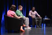 23 May 2019; Westmeath footballer Boidu Sayeh with presenter Grainne McElwain and Oisin Feery from Special Olympian Ireland, pictured at the Federation of Irish Sport Annual Conference 2019, The Helix, Dublin City University, Dublin. Photo by Matt Browne/Sportsfile