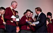20 May 2019; Teacher Aidan Burke of Scoil Na Mbraithre, Tuam, Galway, and Mark Sterkaj  who accepted the Financial Wizards award at the Junior Entrepreneur Programme All Ireland Showcase Day are interviewed by Marty Morrisey in RDS Simmonscourt, Ballsbridge, Dublin. Photo by Ray McManus/Sportsfile