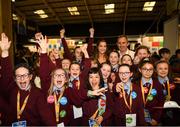 20 May 2019; JEP Co-Founder Jerry Kennelly with teacher Kiera Colconnan and pupils from St Bridgets Girls School, Killester, Dublin, at the JEP National Showcase Day which took place in RDS Simmonscourt, Ballsbridge, Dublin. Photo by Ray McManus/Sportsfile