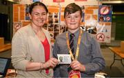 20 May 2019; St Anthony’s National School from Ballinlough, Cork, with teacher Cranait Fahy who picked up the Genius Product award from RTE's Miriam O'Callaghan for their Mama-G’s Sting Solution Kit of colour-coded plasters containing customised remedies for different types of stings with pupil Michael Collins Powell at the JEP National Showcase Day which took place in RDS Simmonscourt, Ballsbridge, Dublin. Photo by Ray McManus/Sportsfile