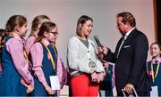 20 May 2019; For their attractive and eco-friendly, re-usable food wrappings called RE-WRAPPINGS, the winners of the CHANGE AGENTS award are teacher Aileen O’Connor’s class from An Spioraid Naomh Cailini, in Bishopstown, Co.Cork and here Ms O'Connor is interviewed by Marty Morrisey at the JEP National Showcase Day which took place in RDS Simmonscourt, Ballsbridge, Dublin. Photo by Ray McManus/Sportsfile