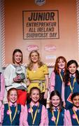 20 May 2019; For their attractive and eco-friendly, re-usable food wrappings called RE-WRAPPINGS, the winners of the CHANGE AGENTS award are teacher Aileen O’Connor’s class from An Spioraid Naomh Cailini, in Bishopstown, Co.Cork and are presented with their award by Nuala Carey, a weather presenter on Raidió Teilifís Éireann. at the JEP National Showcase Day which took place in RDS Simmonscourt, Ballsbridge, Dublin. Photo by Ray McManus/Sportsfile