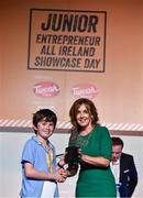 20 May 2019; Winner of the Bright Spark award Conor Bradfield, St. Mary's Central School, Enniskean, Co.Cork for his High Tech Dog Kennel with East Coast Bakehouse Co-Founder Alison Cowzer at the JEP National Showcase Day which took place in RDS Simmonscourt, Ballsbridge, Dublin.     Photo by Ray McManus/Sportsfile