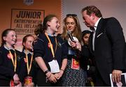 20 May 2019; Marty Morrissey interviews Sarah Donnelly and teacher Ms Donnelly of Scoil Bheinín Naofa Cailiní, Dunleek, Meath after they won the Creative Pioneers Award at the JEP National Showcase Day which took place in RDS Simmonscourt, Ballsbridge, Dublin. Photo by Ray McManus/Sportsfile