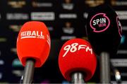 13 May 2019; A general view of the microphones of offtheball.com, 98fm, and Spin 1038 at a Leinster Rugby Press Conference at Leinster Rugby Headquarters in UCD, Dublin. Photo by Piaras Ó Mídheach/Sportsfile