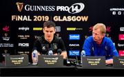 24 May 2019; Jonathan Sexton, left, and head coach Leo Cullen during a Leinster press conference at Celtic Park in Glasgow, Scotland. Photo by Ramsey Cardy/Sportsfile
