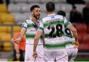 24 May 2019; Roberto Lopes celebrates with his Shamrock Rovers team-mates Joey O'Brien and Daniel Carr, right, after scoring their second goal during the SSE Airtricity League Premier Division match between Shamrock Rovers and Cork City at Tallaght Stadium in Dublin. Photo by Stephen McCarthy/Sportsfile