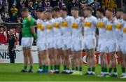 12 May 2019; Offaly manager John Maughan and the Offaly team stand for a minutes silence in memory of the late former Offaly manager Eugene McGee during the Meath and Offaly - Leinster GAA Football Senior Championship Round 1 match at Páirc Tailteann, Navan in Meath. Photo by Brendan Moran/Sportsfile