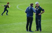 12 May 2019; Offaly manager John Maughan is interviewed by Brian Gavin, former inter-county hurling referee and GAA analyst for Midlands 103 radio, following the Meath and Offaly - Leinster GAA Football Senior Championship Round 1 match at Páirc Tailteann, Navan in Meath. Photo by Brendan Moran/Sportsfile