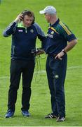 12 May 2019; Offaly manager John Maughan is interviewed by Brian Gavin, former inter-county hurling referee and GAA analyst for Midlands 103 radio, following the Meath and Offaly - Leinster GAA Football Senior Championship Round 1 match at Páirc Tailteann, Navan in Meath. Photo by Brendan Moran/Sportsfile