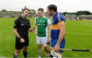 25 May  Referee James Connors speaks to Rory O'Porteous of Fermanagh and Greg Jacob of Lancashire  before the Lory Meagher Cup Round 2 match between Fermanagh and Lancashire at Brewster Park in Fermanagh. Photo by Oliver McVeigh/Sportsfile