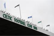25 May 2019; The Glasgow Warriors and Leinster flags fly on the roof of Celtic Park prior to the Guinness PRO14 Final match between Leinster and Glasgow Warriors at Celtic Park in Glasgow, Scotland. Photo by Ramsey Cardy/Sportsfile